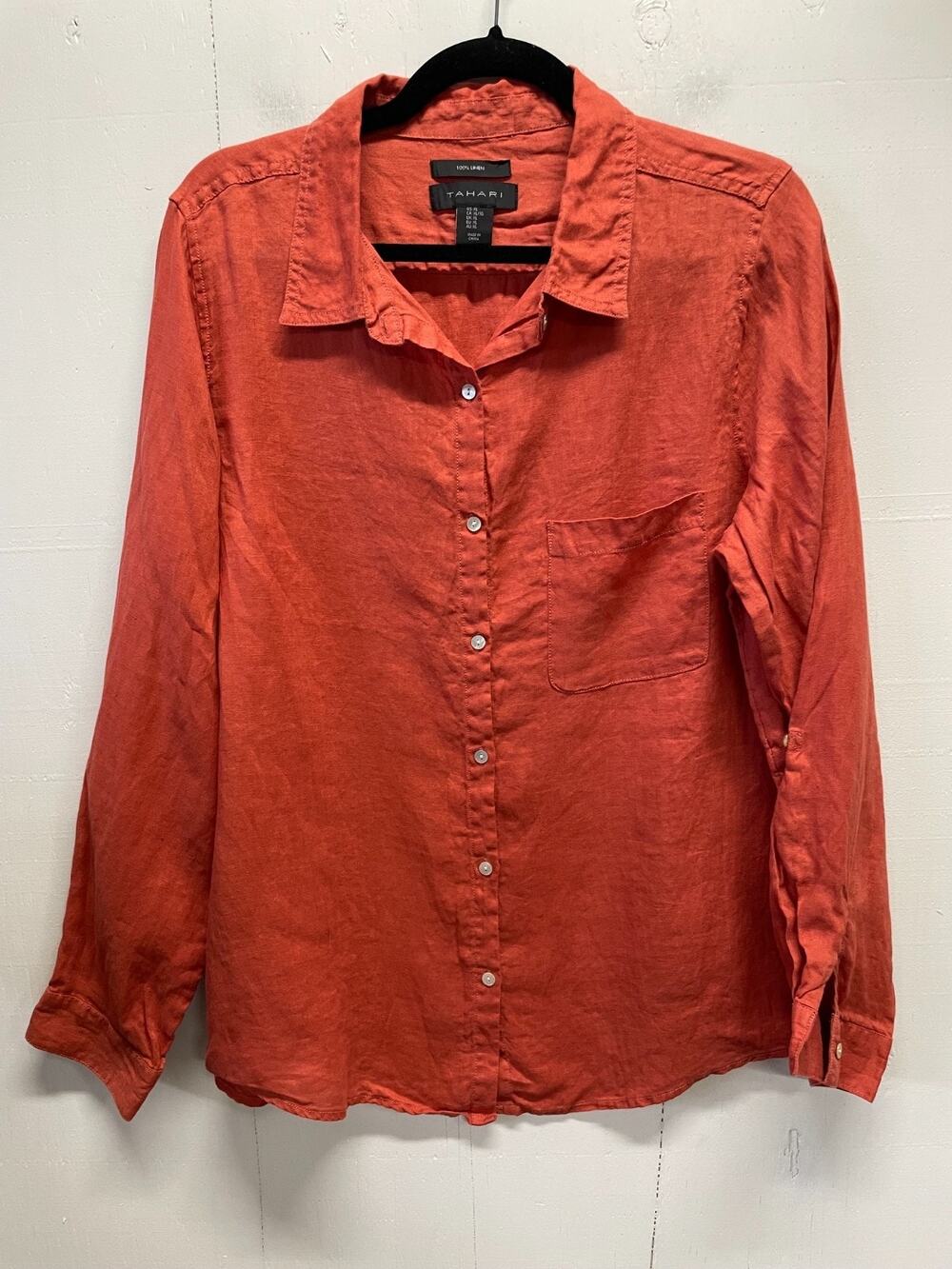 Tahari Women's Long Sleeve Button Up 100% Linen Blouse Rust Orange Size XL
